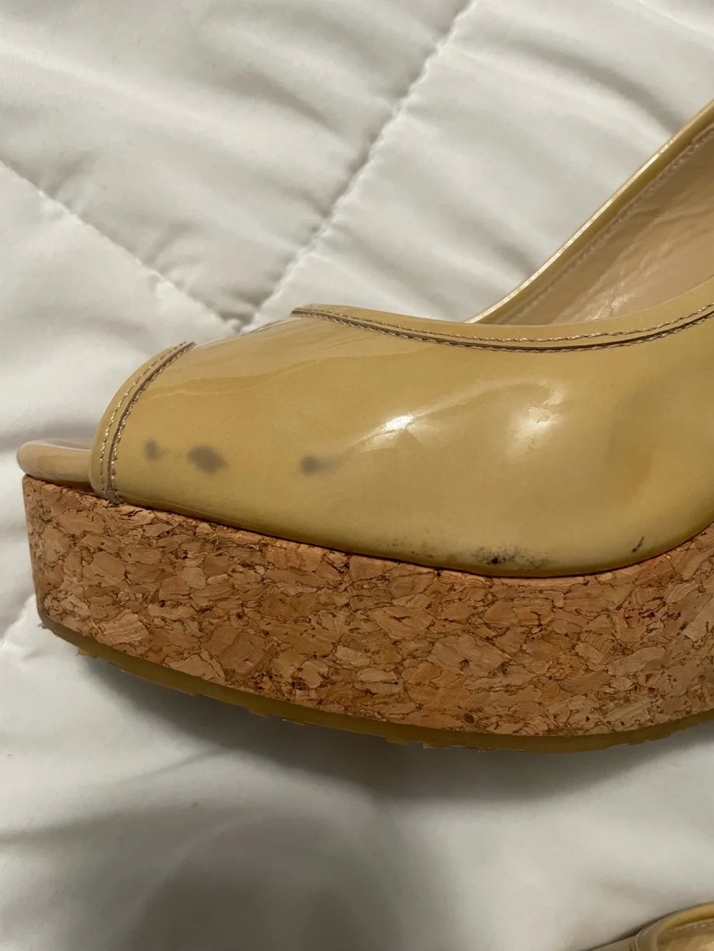 Jimmy Choo peep toe Beige Patent Cork Wedge Heels